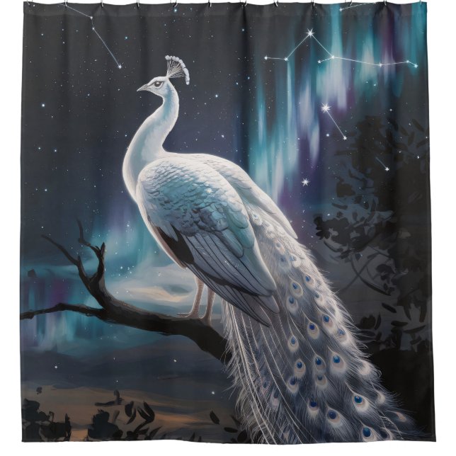 Beautiful White Peacock Aurora Borealis Scenic Shower Curtain (Front)