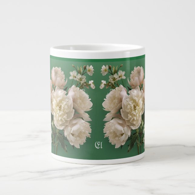 Beautiful White & Pink Peonies Name Monogram Large Coffee Mug (Front)