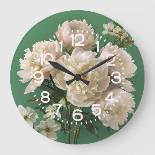 Beautiful White & Pink Peonies On Green Background Large Clock
