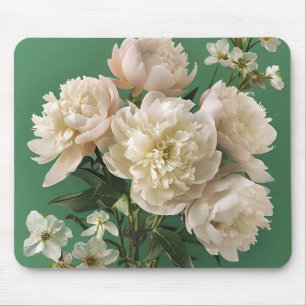 Beautiful White & Pink Peonies On Green Background Mouse Mat