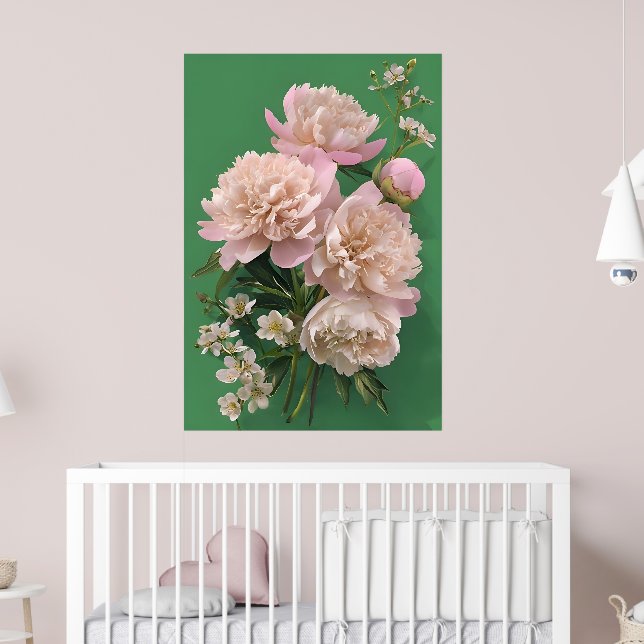 Beautiful White & Pink Peonies On Green Background Poster (Nursery 2)