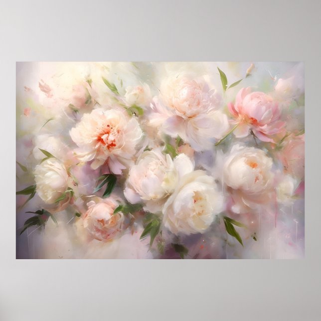 Beautiful White & Pink Peonies Watercolor Painting Poster (Front)