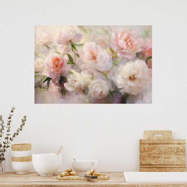 Beautiful White & Pink Peonies Watercolor Painting Poster (Kitchen)