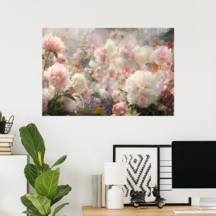 Beautiful White & Pink Peonies Watercolor Painting Poster