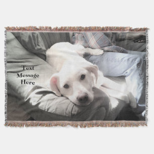 Beautiful White Puppy Dog With Dad on Couch Throw Blanket
