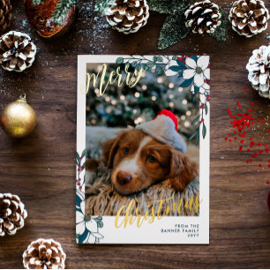 Beautiful White Red Florals Photo Merry Christmas Foil Holiday Card