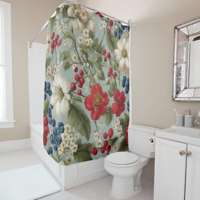 Beautiful White Red Flowers and Blue, Red Berries  Shower Curtain (In Situ)