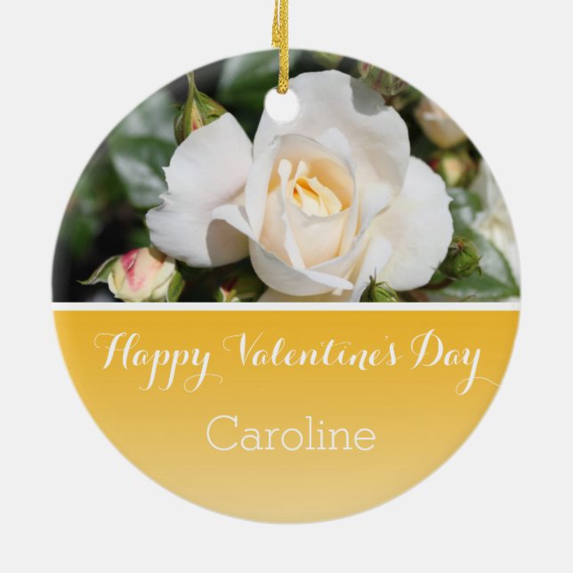 Beautiful white rose flower happy Valentine's Day Ceramic Tree Decoration (Back)