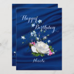 Beautiful White Roses for Daughter's Birthday Card<br><div class="desc">White roses, bluebells and pink posies bring a lovely natural touch to happy birthday greeting card for your daughter. The deep blue fabric drape background adds an elegant touch. Custom name on front and back text may be personalised in the template provided. May your life continue to bloom and grow....</div>