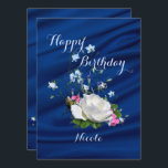 Beautiful White Roses for Daughter's Birthday Card<br><div class="desc">White roses, bluebells and pink posies bring a lovely natural touch to happy birthday greeting card for your daughter. The deep blue fabric drape background adds an elegant touch. Custom name on front and back text may be personalised in the template provided. May your life continue to bloom and grow....</div>