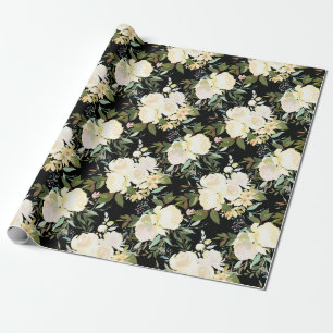 Beautiful White Roses Watercolor on Black Wrapping Paper