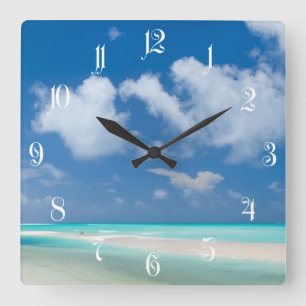 Beautiful white sand beach and turquoise ocean square wall clock