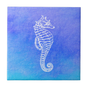 Beautiful White Seahorse Blue Turquoise Watercolor Tile