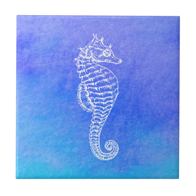 Beautiful White Seahorse Blue Turquoise Watercolor Tile (Front)