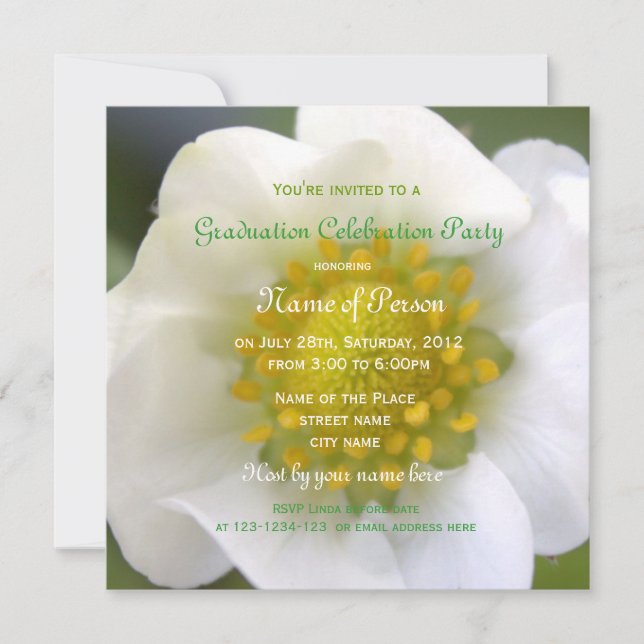 Beautiful white strawberry flower graduation party invitation (Front)
