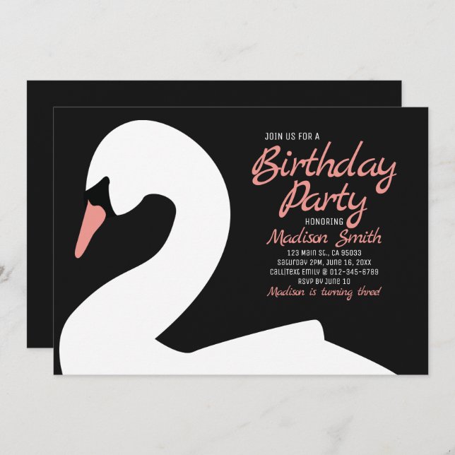 Beautiful White Swan Birthday Invitation (Front/Back)