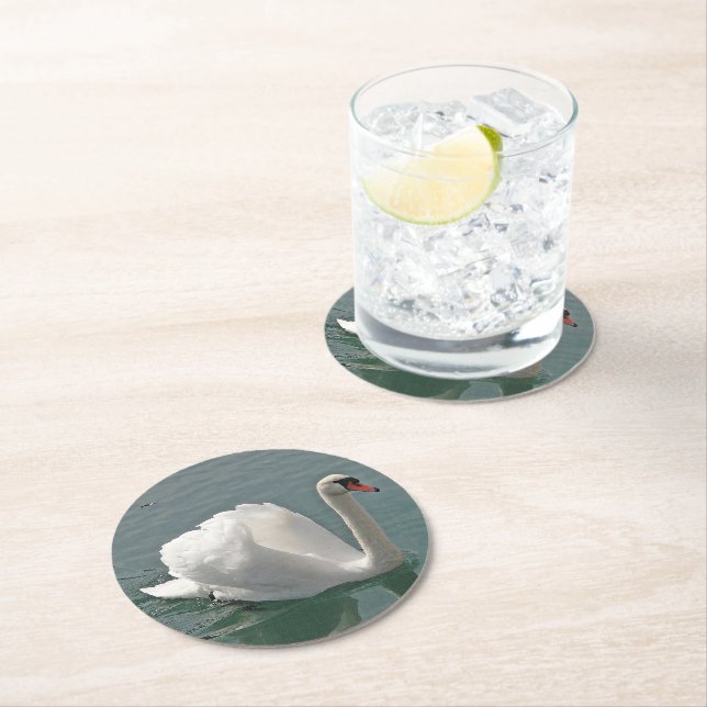 Beautiful white swan round paper coaster (Insitu)