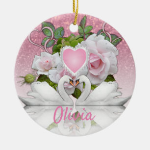 Beautiful White Swans - Personalise Ceramic Tree Decoration