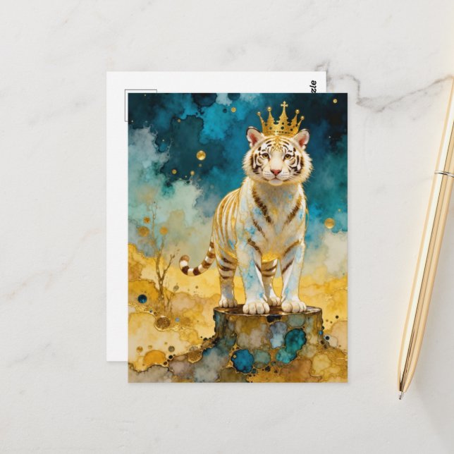 Beautiful White Tiger in a Gold Crown Postcard (Front/Back In Situ)
