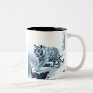 Beautiful White Tiger On Snow Covered Cliffs Two-Tone Coffee Mug