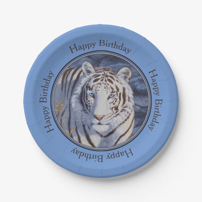 Beautiful White Tiger with Crystal Blue Eyes Paper Plate (Front)