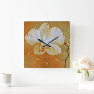 Beautiful White Tropical Orchid Over Golden Yellow Square Wall Clock