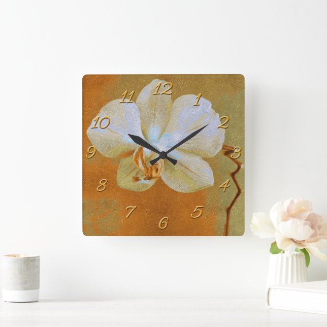 Beautiful White Tropical Orchid Over Golden Yellow Square Wall Clock (Home)