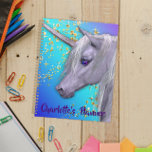 Beautiful White Unicorn Personalised Planner<br><div class="desc">This personalised planner features a magnificent,  white unicorn with a gorgeous mane and crystal blue eyes. Behind him is a blue and purple background with glittering,  golden stars and magic. The name and title below (i.e. 'Charlotte's Planner') can be customised to suit where it says 'Personalise this template' above.</div>