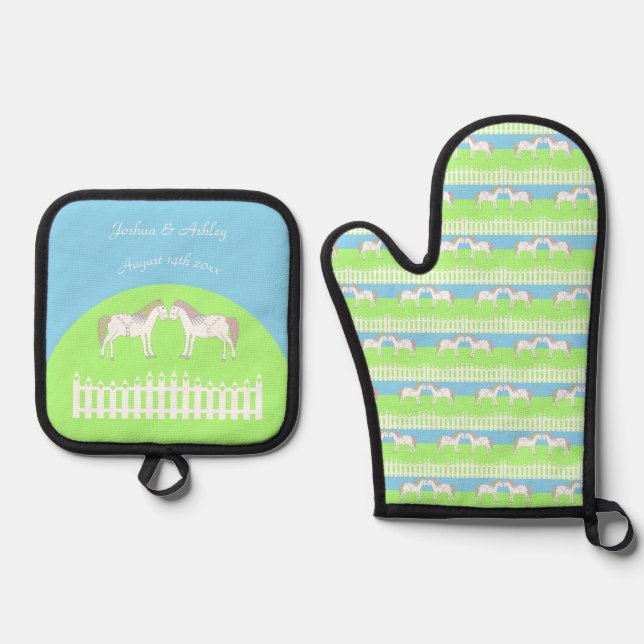 Beautiful White Wedding Horses Custom Oven Mitt & Pot Holder Set (Front)