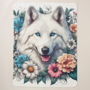 Beautiful White Wolf Dog with Flowers  Sherpa Blanket