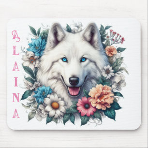 Beautiful White Wolf with Flowers  Mouse Mat