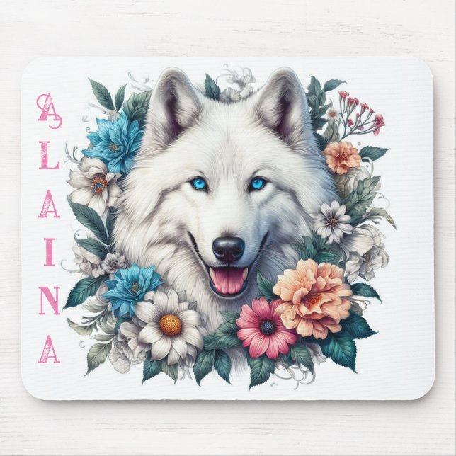 Beautiful White Wolf with Flowers  Mouse Mat (Front)