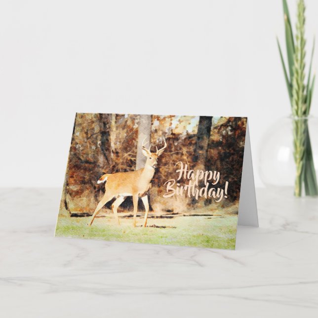Beautiful Whitetail Deer Buck Watercolor Birthday Card (Front)