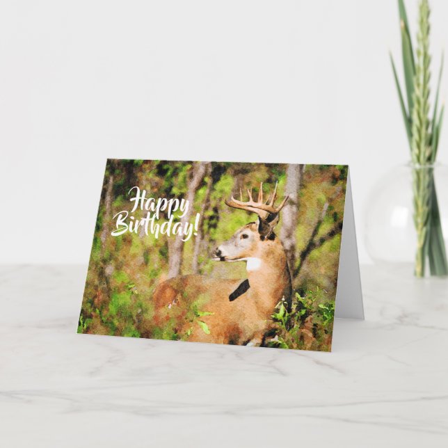 Beautiful Whitetail Deer Buck Watercolor Birthday Card (Front)