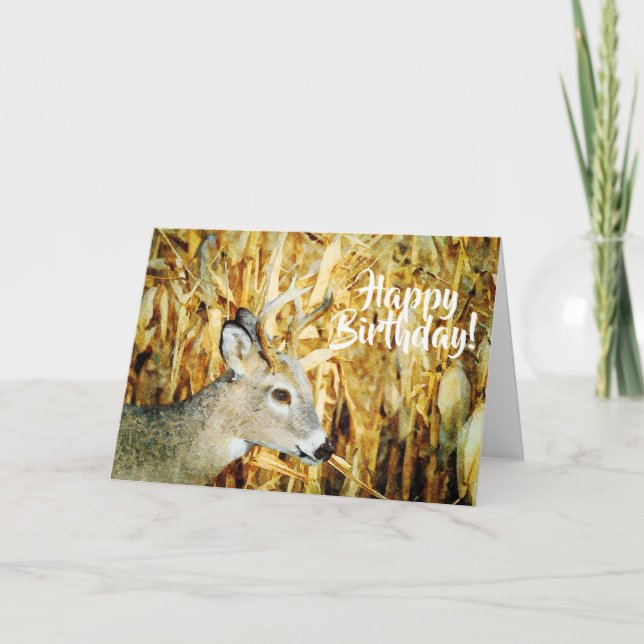 Beautiful Whitetail Deer Buck Watercolor Birthday Card (Front)