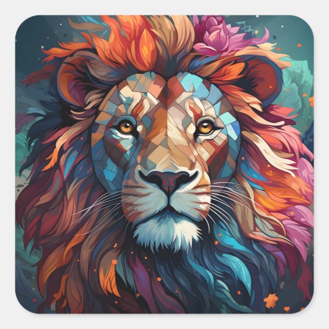 Beautiful Wild Animal Portrait Colourful Lion Head Square Sticker (Front)