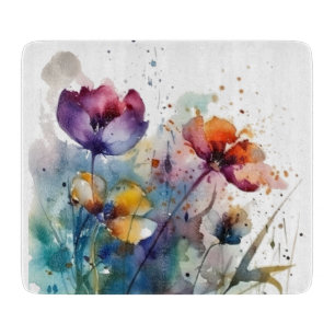 Beautiful wild coloured garden flowers watercolor cutting board