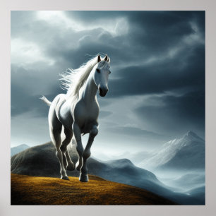 Beautiful wild white horse in the mountains poster
