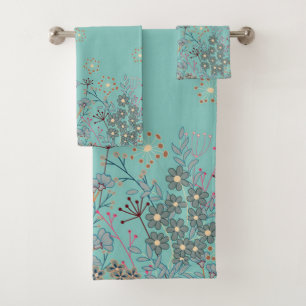 Beautiful Wildflower Border on Blue Background  Bath Towel Set