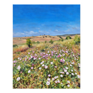 Beautiful Wildflower Field Under Bright Blue Sky  Poster