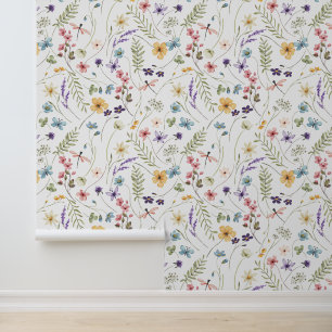 Beautiful Wildflowers Dragonflies Floral Wallpaper