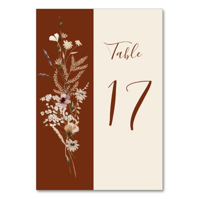 Beautiful Wildflowers Floral on Terracotta Wedding Table Number (Front)
