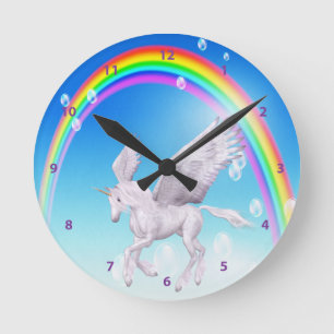 Beautiful Winged Unicorn, Rainbow & Bubbles Clock