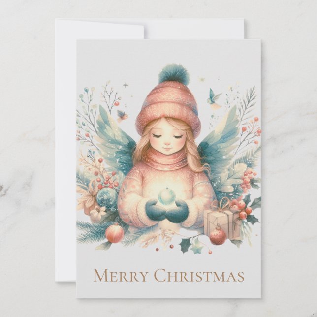 Beautiful winter angel amidst the northern nature holiday card (Front)