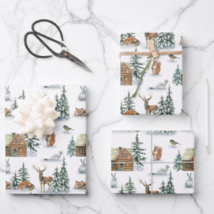 Beautiful Winter Animals Around A Rustic Cabin Wrapping Paper Sheet