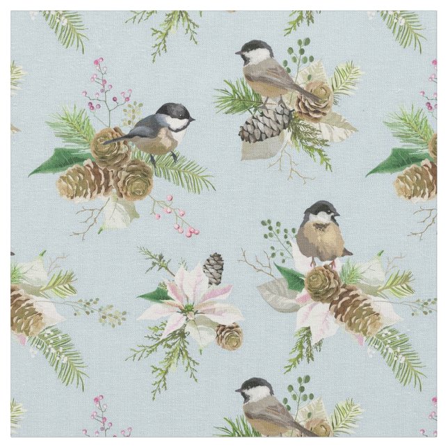 Beautiful Winter Bird and Flowers Fabric (Close Up)