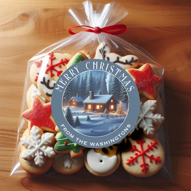 Beautiful Winter Cabin Personalised Christmas Classic Round Sticker (Creator Uploaded)