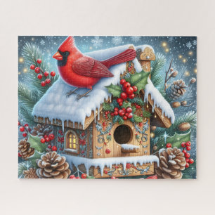 Beautiful Winter Cardinal Bird With Birdhouse Jigsaw Puzzle