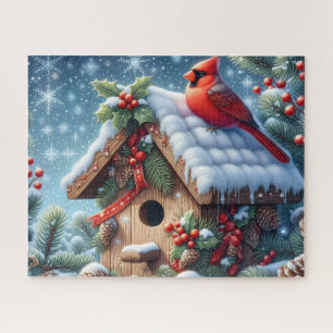 Beautiful Winter Cardinal Bird With Birdhouse Jigsaw Puzzle