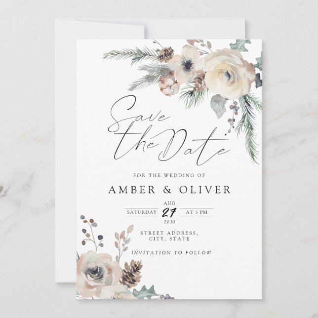 Beautiful Winter Floral Save The Date Invitation (Front)
